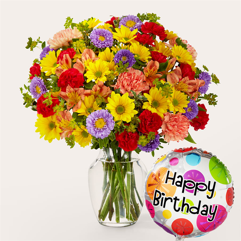 Kaleidoscope Bouquet with Birthday Balloon – Roots Of Love, Spotswood NJ