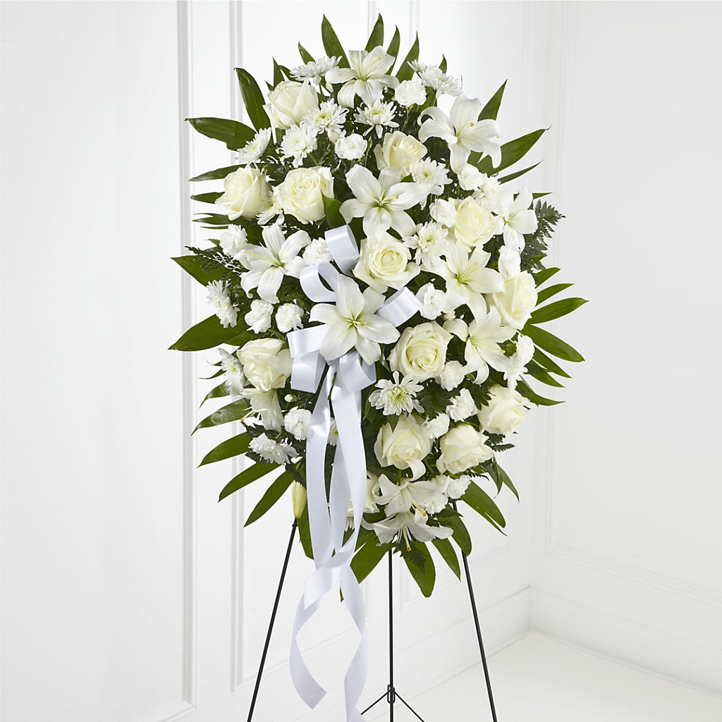 Exquisite Tribute Standing Spray-White Ribbon – Roots Of Love, Spotswood NJ